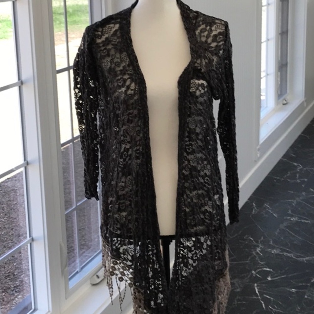 Gray with tan Fringe Lace Long Sleeve Cardigan